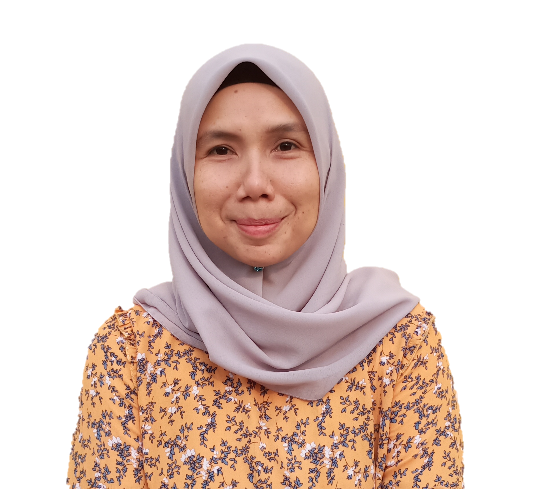 Woman wearing a gray hijab and yellow floral top smiles at the camera against a white background.