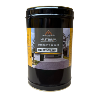 Black can of MasterRay concrete sealer. Label shows a house and driveway.