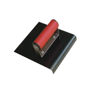Black steel concrete edger tool with red handle.