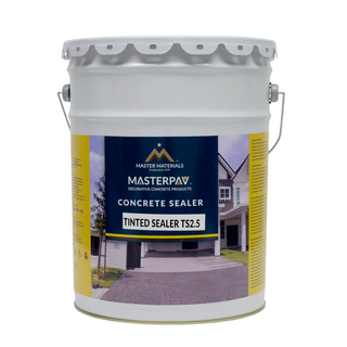 Bucket of Masterpave tinted concrete sealer, yellow label, showing a driveway and house.