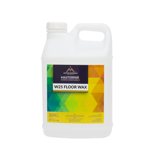 White jug of Masterpave W25 floor wax with a colorful label.