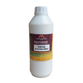 White bottle of Masterpave WB100 Oyster Grey paint with a label.
