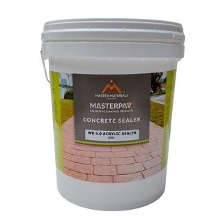 White bucket of Masterpav concrete sealer. Label shows brick walkway.