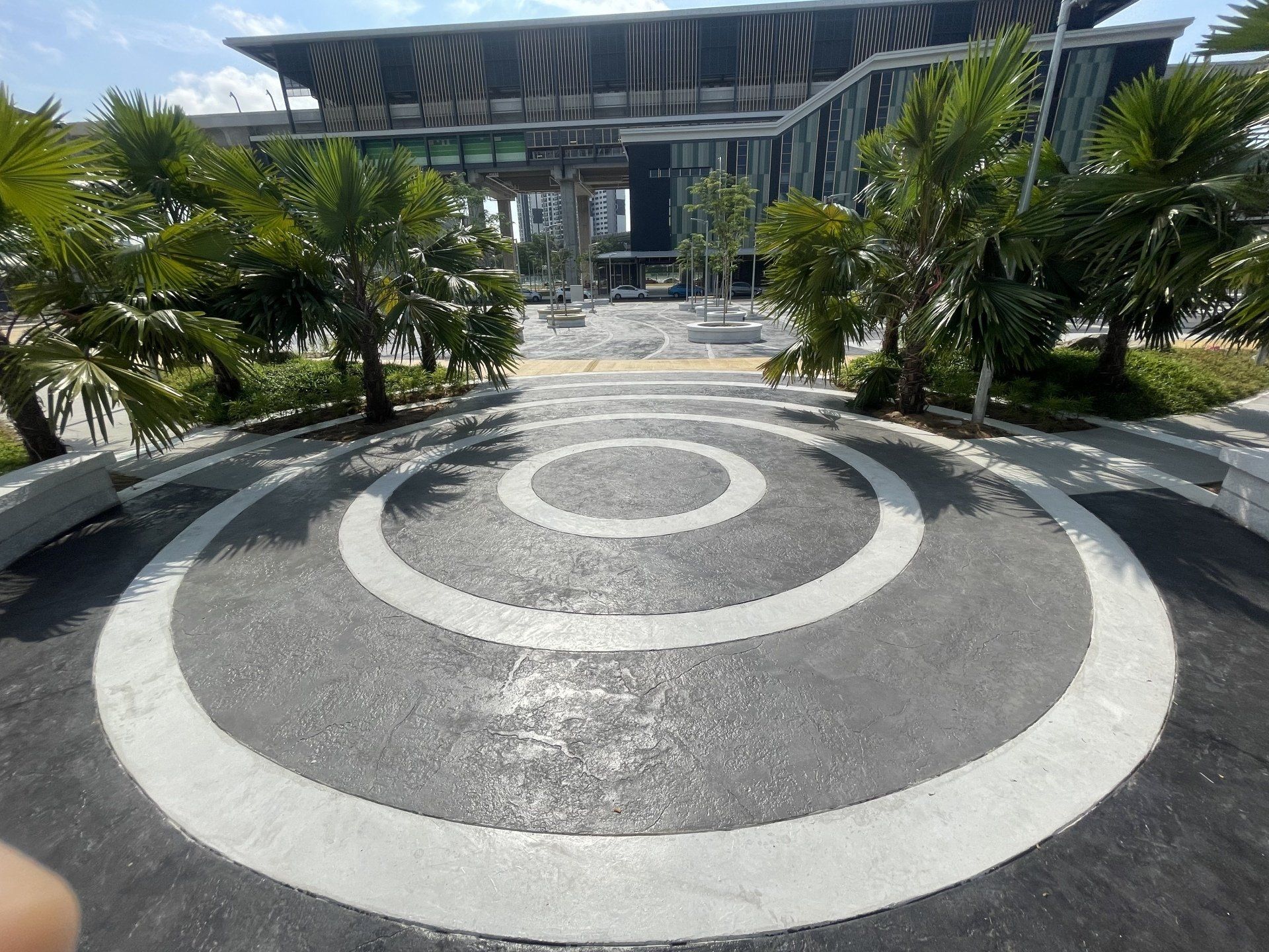 Asphalt area with concentric circles, palm trees, and modern building in the background.