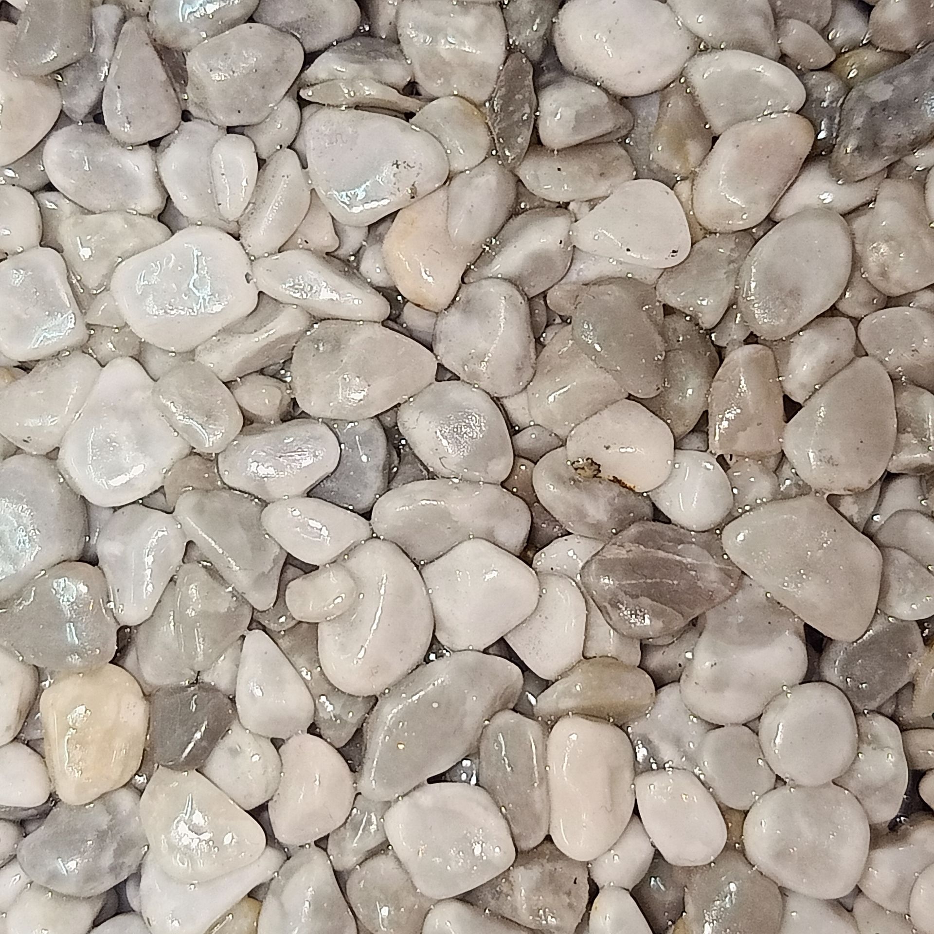 Smooth, light gray and white pebbles.