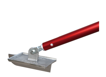 Red-handled concrete edger tool with an angled blade for finishing edges.