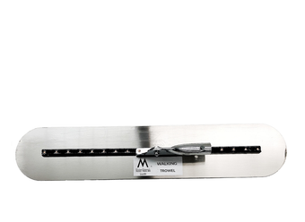 A long, rectangular concrete finishing trowel with adjustable handle.