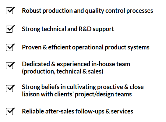 Checklist of company strengths: robust processes, technical support, efficient systems, dedicated team