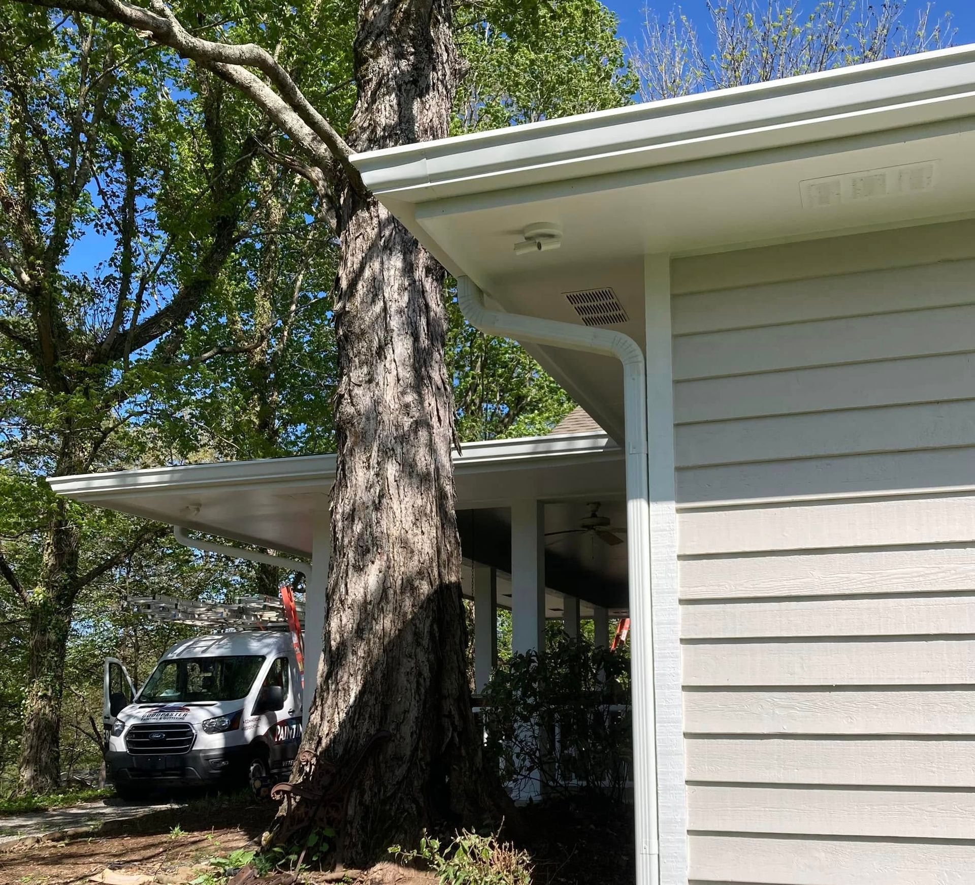 White house exterior with a large tree growing beside the roof and a parked vehicle in the driveway