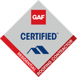 GAF Certified Residential Roofing Contractor badge in red, blue, and gray diamond shape