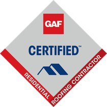 GAF Certified Residential Roofing Contractor badge in red, blue, and gray diamond shape
