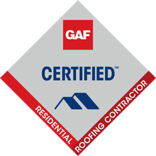 GAF Certified Residential Roofing Contractor badge in red, blue, and gray diamond shape