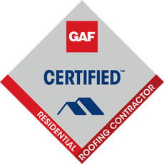 GAF Certified Residential Roofing Contractor badge in red, blue, and gray diamond shape