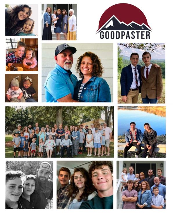 Collage of family photos and groups with Goodpaster logo at top center