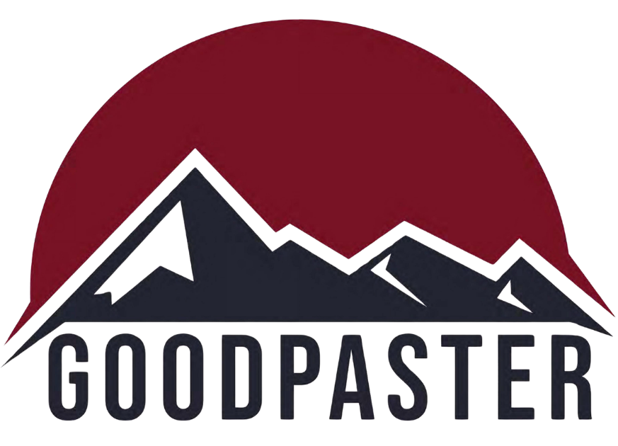 GoodPaster logo with maroon sun and black mountain silhouette over bold text