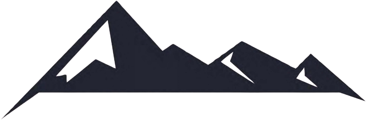 Stylized dark mountain silhouette on a white background with sharp peaks and snow accents