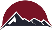 Maroon circle with a stylized white and dark mountain range logo