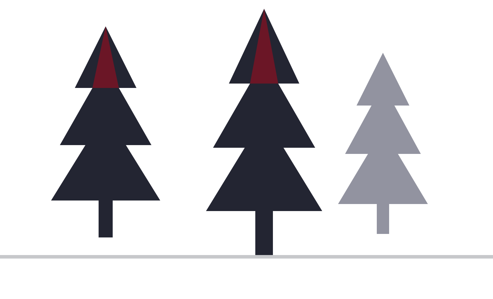 Three stylized pine trees: two dark navy with red tops and one light gray, on a white background.