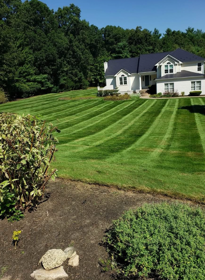 White house on a hill with manicured lawn featuring striped mowing pattern; sunny day.