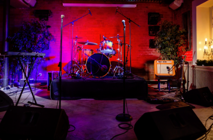 This is a picture of a live setup on stage for a band.