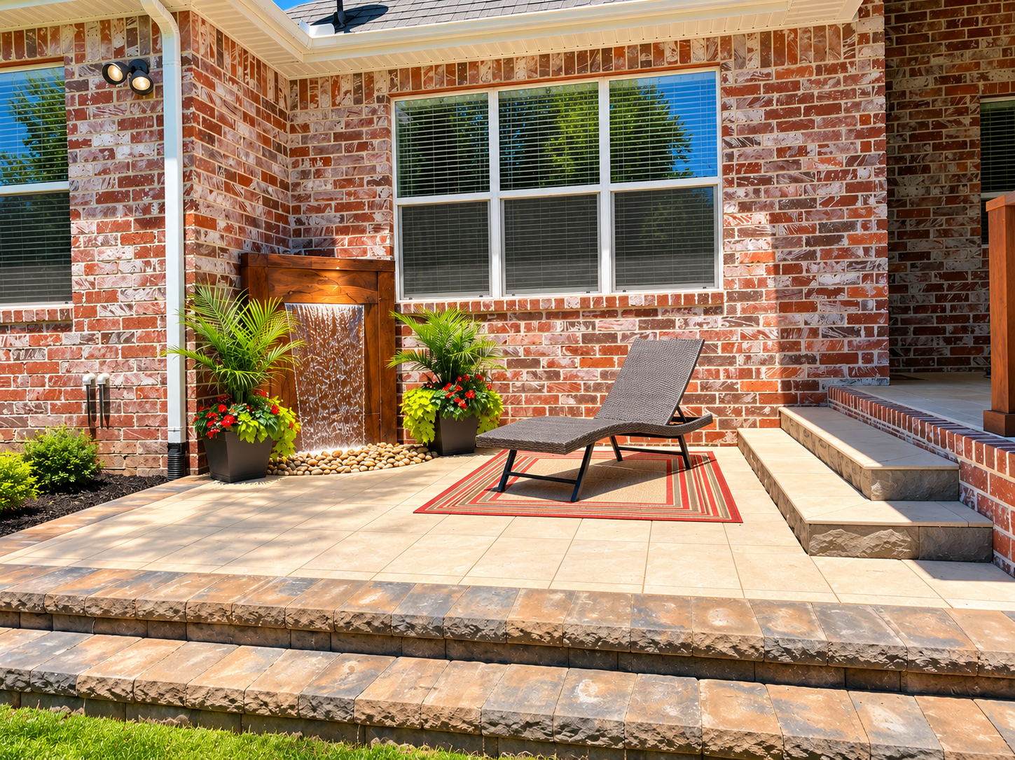 A patio with a chair and a rug in front of a brick house.