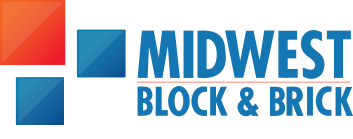 The logo for midwest block and brick is blue and red.