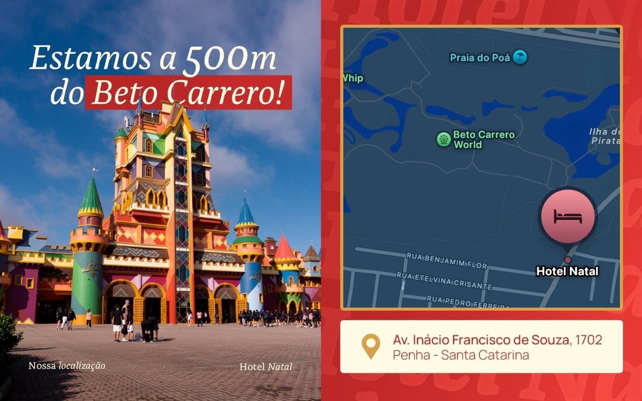 Banner promocional do Beto Carrero com castelo colorido e mapa, destacando “Estamos a 500m do Beto Carrero!”