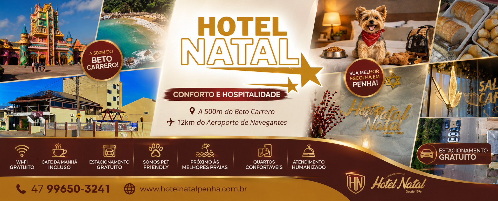 Banner do Hotel Natal, um resort de férias, com imagens da praia, piscina, quartos, restaurantes e comodidades do spa em tons quentes de marrom e dourado.