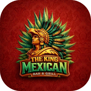 Logo for The King Mexican Bar & Grill with an Aztec-inspired figure on a red background