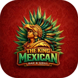 Logo for The King Mexican Bar & Grill with an Aztec-inspired figure on a red background