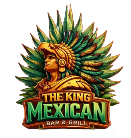 Mexican restaurant logo with a warrior wearing a feather headdress, text “The King Mexican Bar & Grill”
