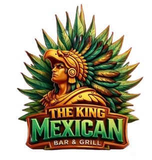 Logo for The King Mexican Bar & Grill with an Aztec-style figure in green and gold feathers