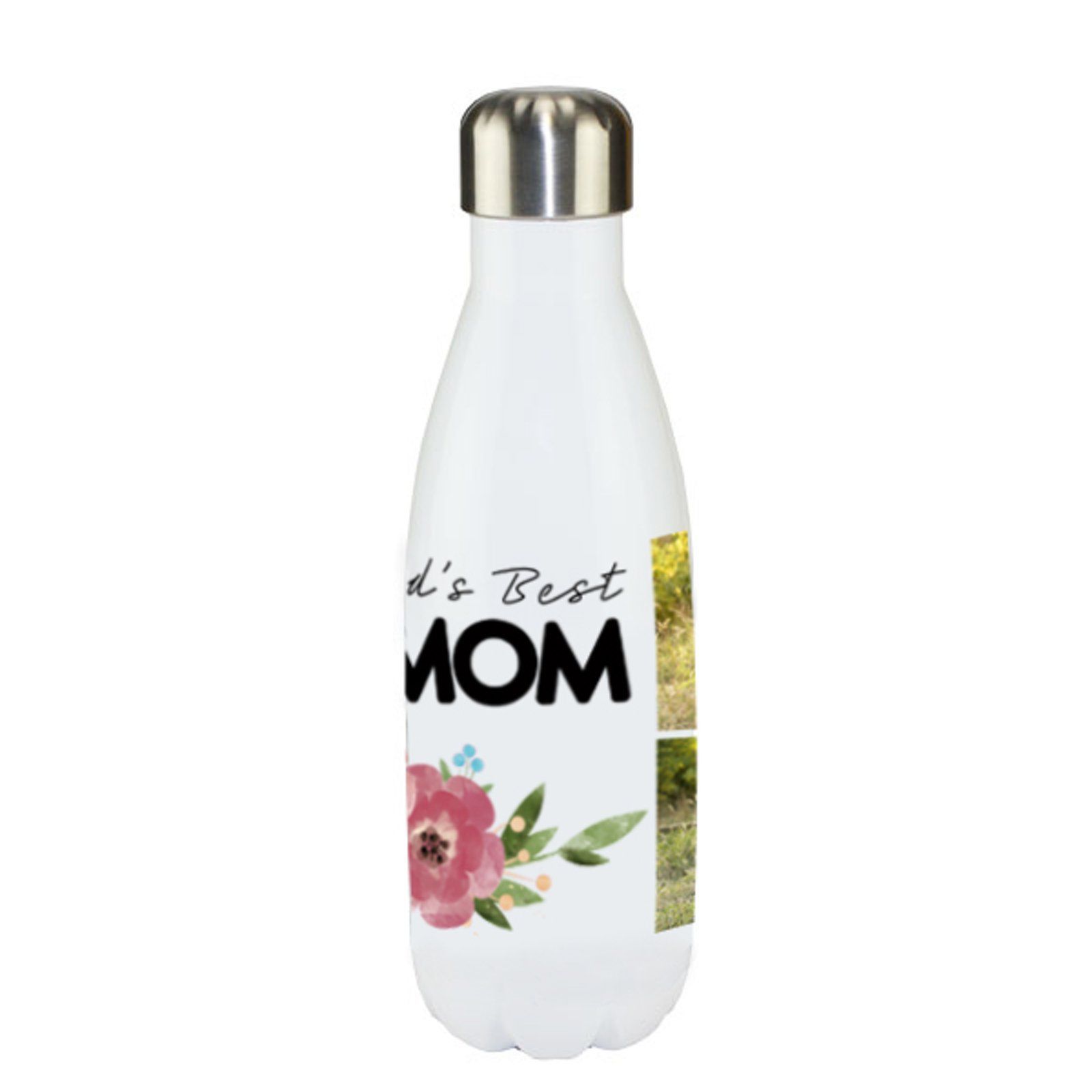 A stainless steel water bottle that says ' world 's best mom ' on it