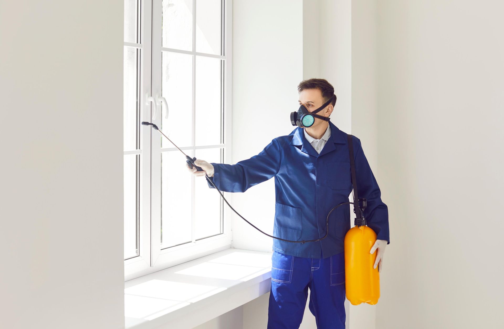 Worker in blue coveralls spraying a window with a pesticide sprayer, holding a yellow container.