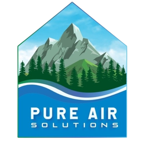 Logo for Pure Air Solutions: Mountains and trees over a blue wave; text reads "PURE AIR SOLUTIONS."