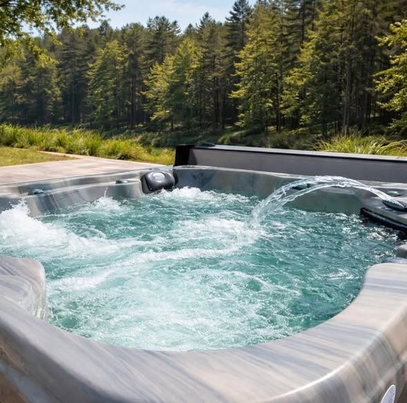 Bubble-filled hot tub with turquoise water beside a forested lakeside in sunlight