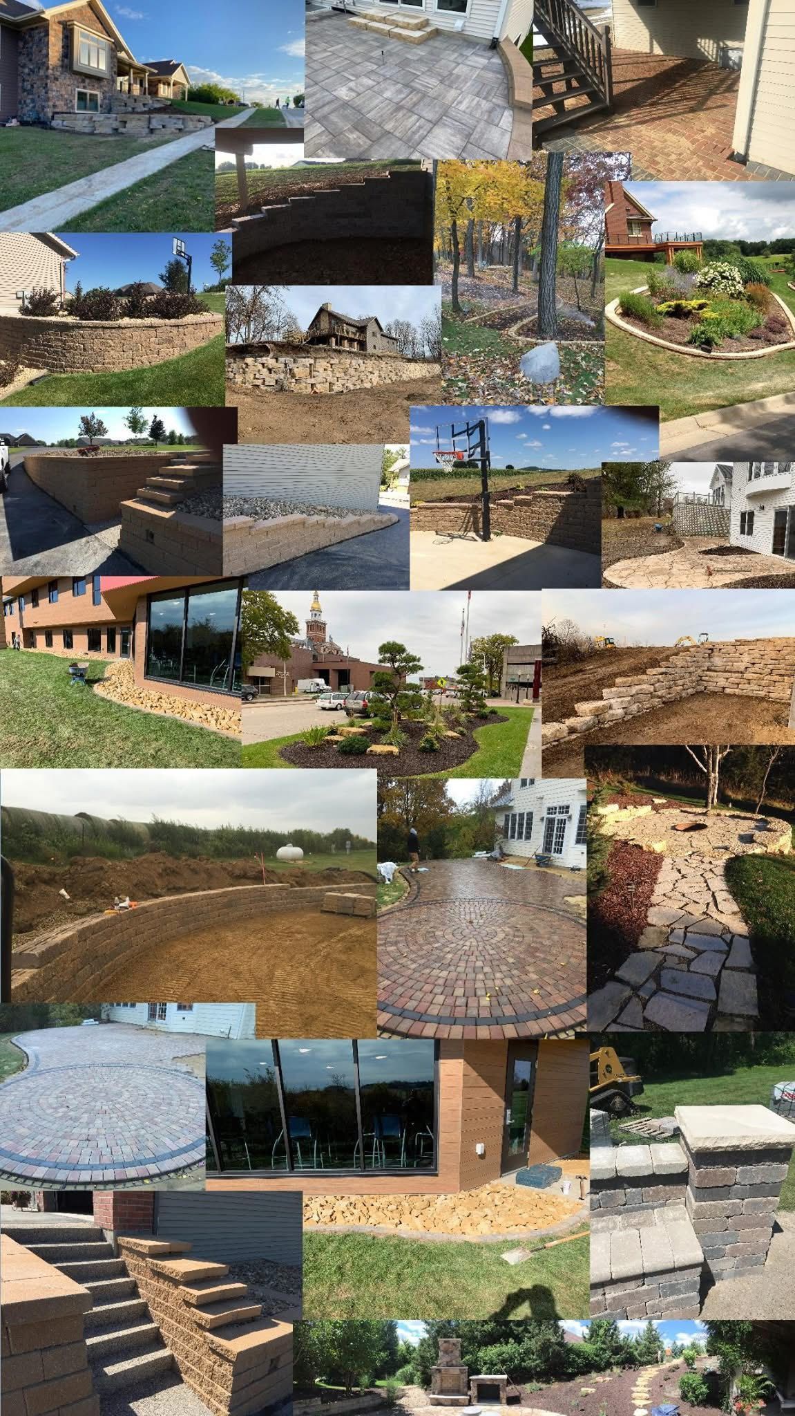 Collage of outdoor patio, landscaping, stone walls, and garden steps in a residential setting