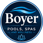 Boyer Pools, Spas and Wellness logo in white and blue with wave and lotus icon
