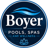 Boyer Pools, Spas and Wellness logo in white and blue with wave and lotus icon
