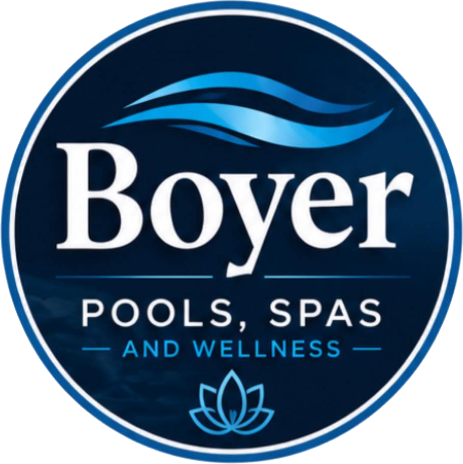 Boyer Pools, Spas and Wellness logo in white and blue with wave and lotus icon