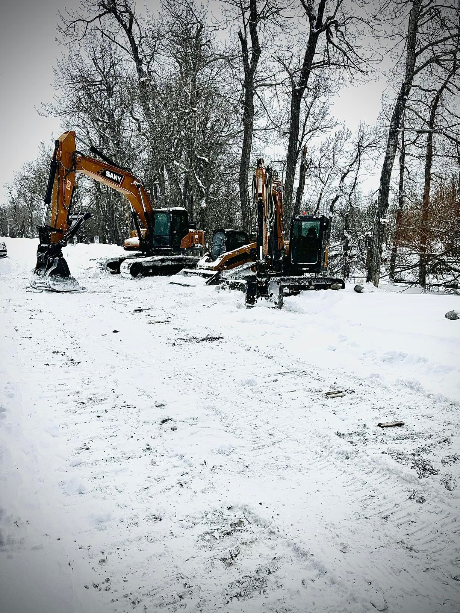 Two excavators in a snowy area, surrounded by trees.
