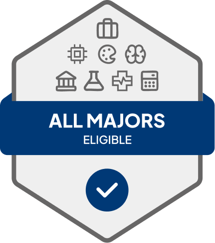 Badge with blue banner: 