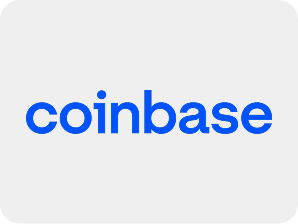 Coinbase logo: blue wordmark on a gray rounded square background.
