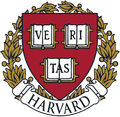 Harvard University shield: red crest with three open books, laurel wreath, white banner with 