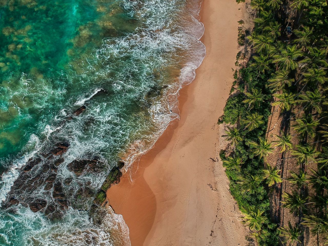 Aerial view of turquoise waves washing onto a sandy beach beside dense green palms