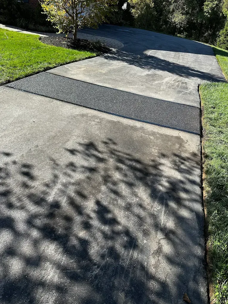 Sunlit concrete driveway with a dark strip and tree shadows beside a grassy slope