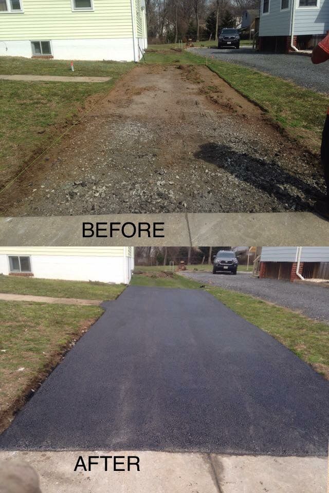 Before-and-after view of a gravel driveway turned into a smooth black asphalt driveway.