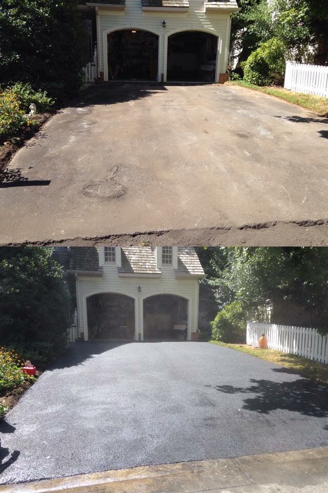 Before-and-after driveway resurfacing outside a house with two garages.