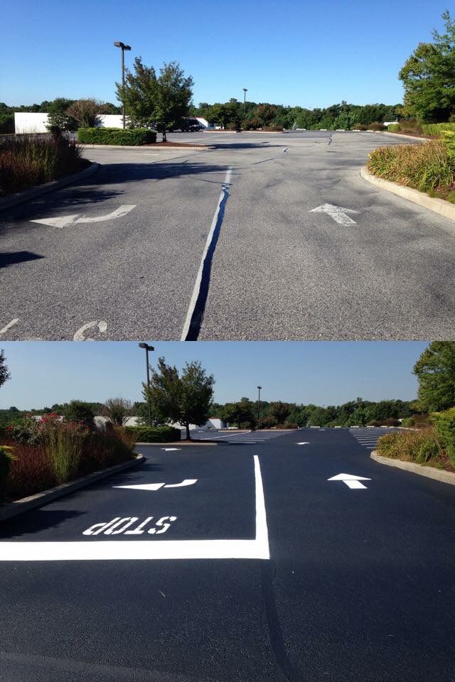 Street parking lot before-and-after resurfacing, with fresh white stop line and lane markings.
