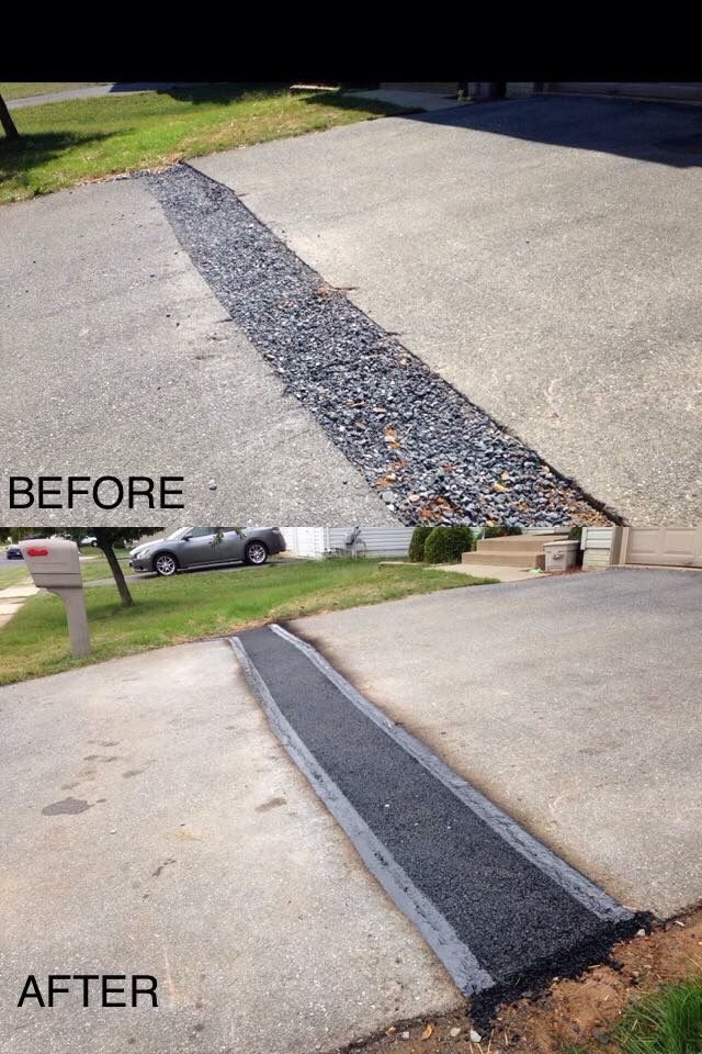 Before-and-after driveway crack repair: gravel-filled gap replaced with smooth black asphalt strip.
